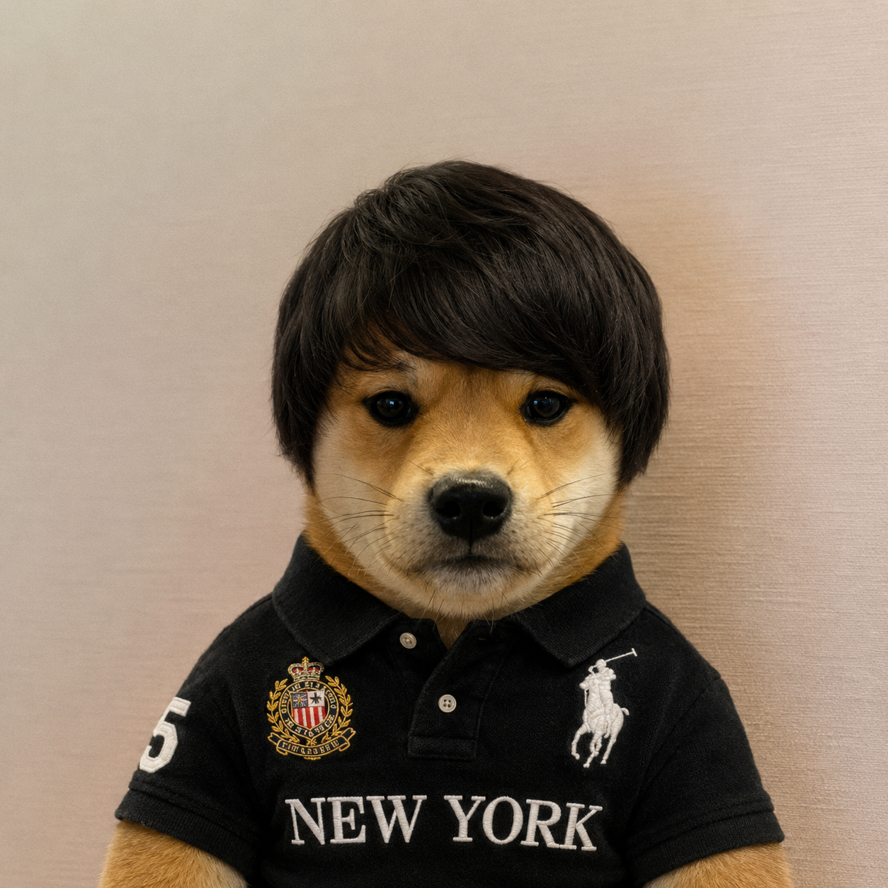 Mr Take That Risk — a Shiba Inu wearing a dark wig and a black New York polo shirt